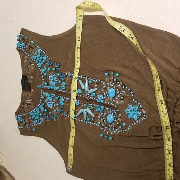 VOTRE NOM JEANS silk TOP embellished with turquoise stones  size medium - Picture 4 of 9